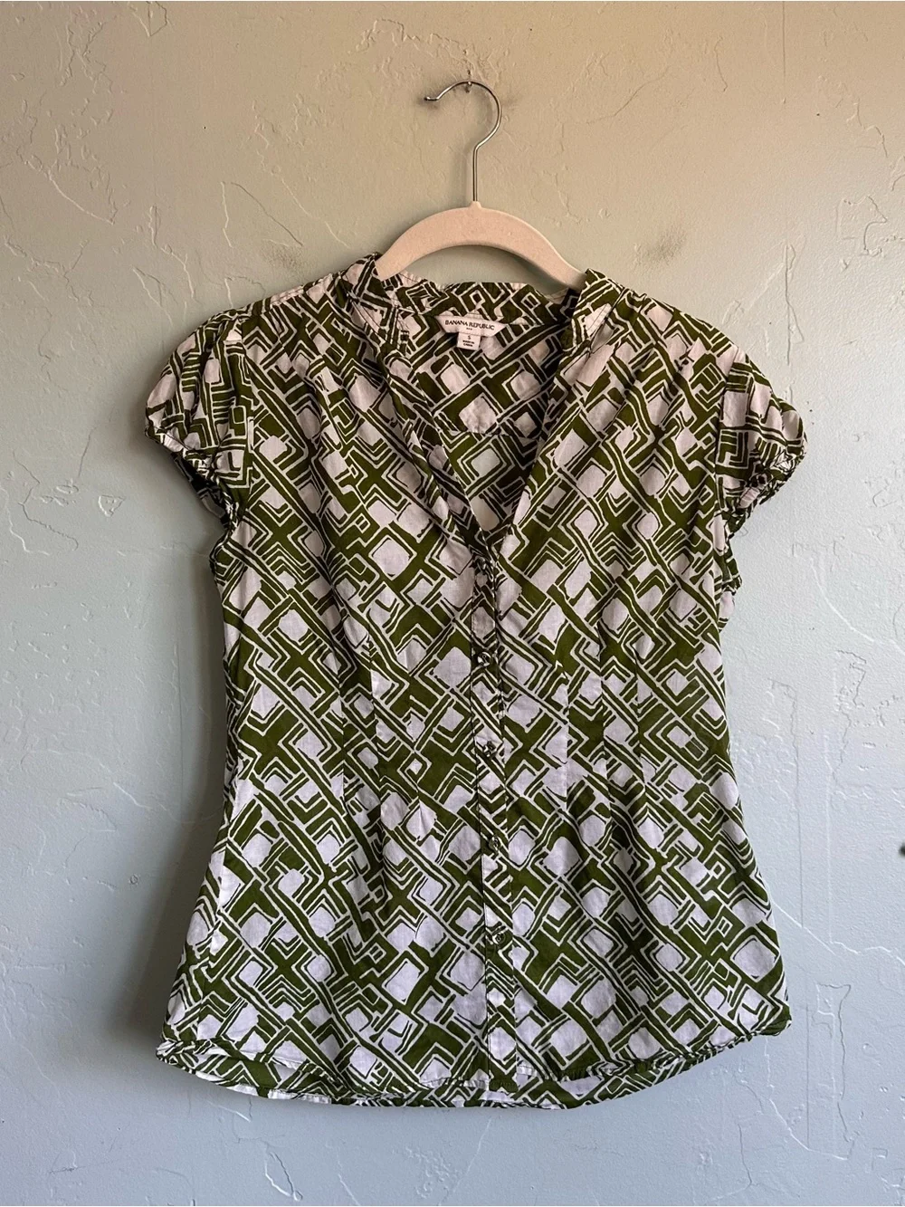 Banana Republic Women’s Green White Cotton Geo Print Cap-Sleeve Blouse Top Small